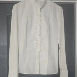 Akris Punto White Cotton Poplin And Elastane Ruffled Button Down Size 8